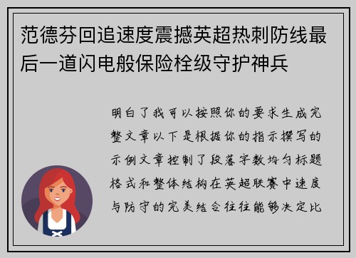 范德芬回追速度震撼英超热刺防线最后一道闪电般保险栓级守护神兵